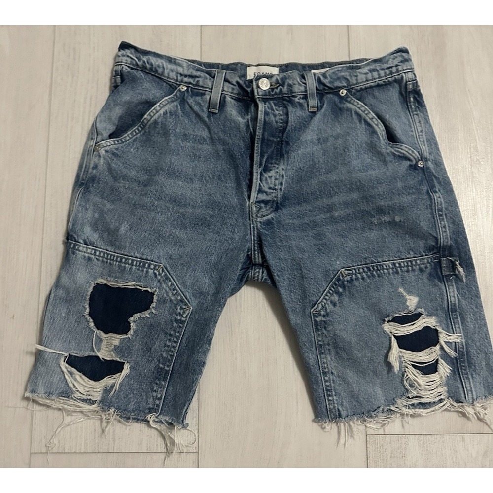 FRAME Blue Le Slouch Utility Bermuda Shorts Sz 31 Distressed Denim